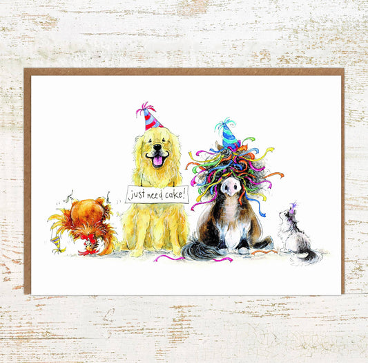 Just Need Cake - A6 Cat, Chicken, Dog and Pony Greeting Card